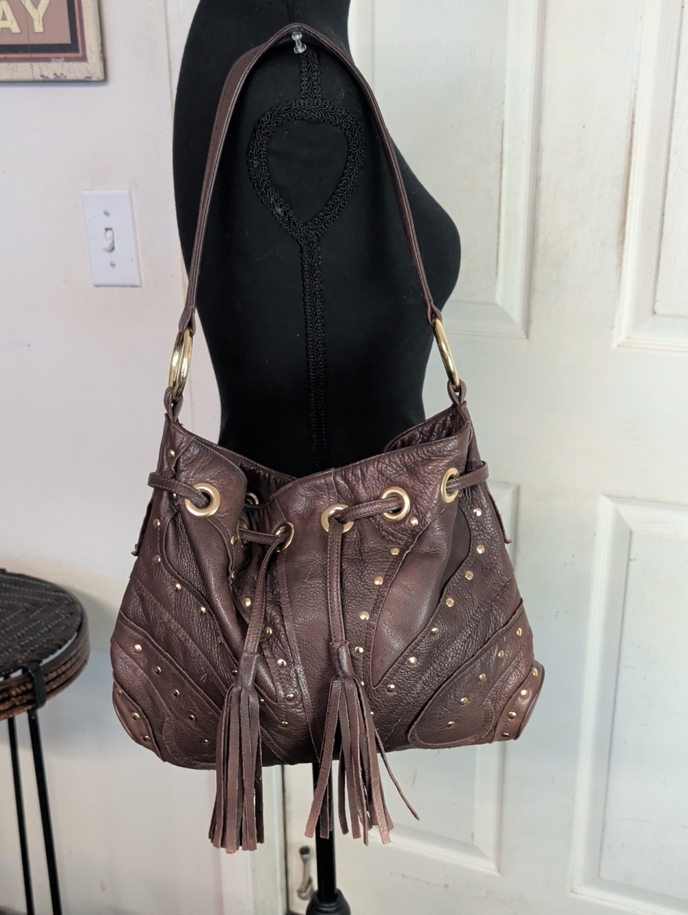 Bulga Studded Brown Leather Hobo Bag Y2K Tassel Bag
